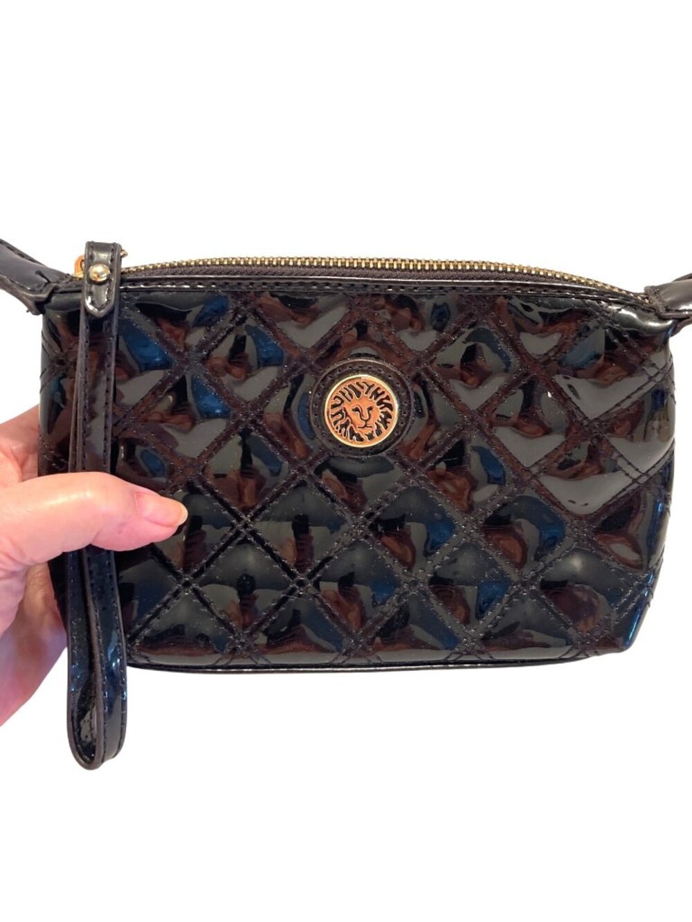 Wristlet Anne Klein Patent Leather Clutch Purse Lined Black Quilted Bag Vintage - Picture 12 of 12